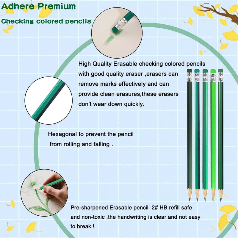 Adhere 25pcs Checking Pencils Erasable colored Pencils Pre-Sharpened #2 HB,for Checking Tests Grading,Map Coloring, editing Office Favors,including a Free sharpener. (Mixed Green) - Image 3